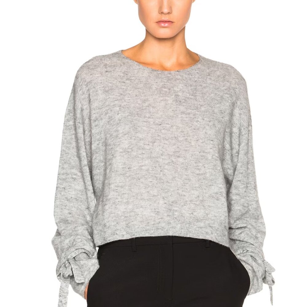 Helmut Lang Wool-Blend  Melange Tie-Cuff Bow Cropped Sweater Gray Size Small